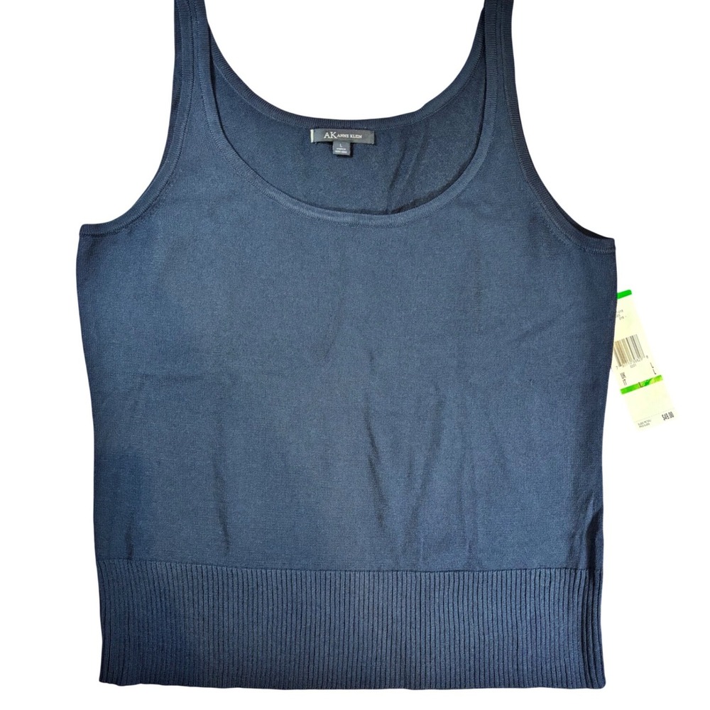 NWT Anne Klein Navy Blue Knit Shell Tank‎ Top Scoop Neck Ribbed Hem Large